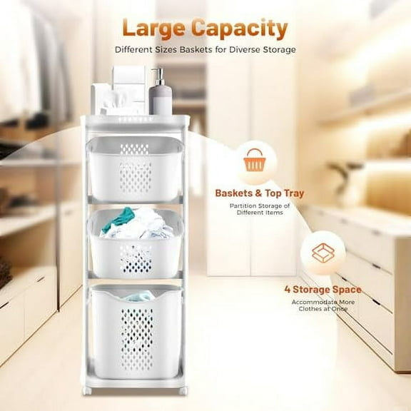 3 Tier Laundry Basket Rack Movable Laundry Basket Shelf Holder with Universal Wheels Bathroom Storage Stackable Laundry Basket System Vertical Laundry Sorter for Kitchens, Bathrooms, Bedrooms