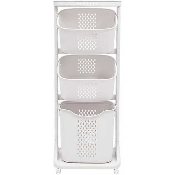 Laundry Basket Storage, 3-Layer Stackable Laundry Basket System PP Rolling Storage Cart, Multi-purpose Laundry Basket with Universal Wheel Vertical Laundry Sorter for Dirty Clothes Basket