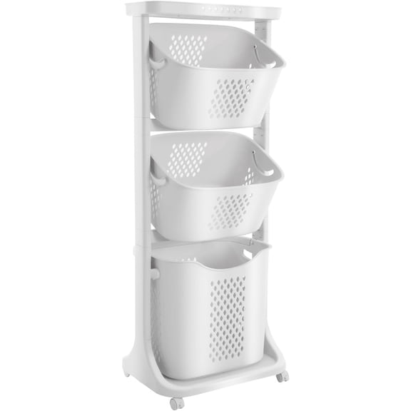 3 Tier Laundry Basket, Stackable Rolling Laundry Sorte Multi-functional Clothes Washing Storage Hamper Bin with Wheels for Bathroom, Household Kitchen (White)