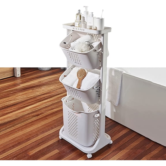 3 Tier Laundry Basket with Wheels Laundry Hamper Stackable Laundry Basket Vertical Laundry Sorter Organizer for Clothes Storage, Multi-Layer Clothes Storage Basket for Bathroom
