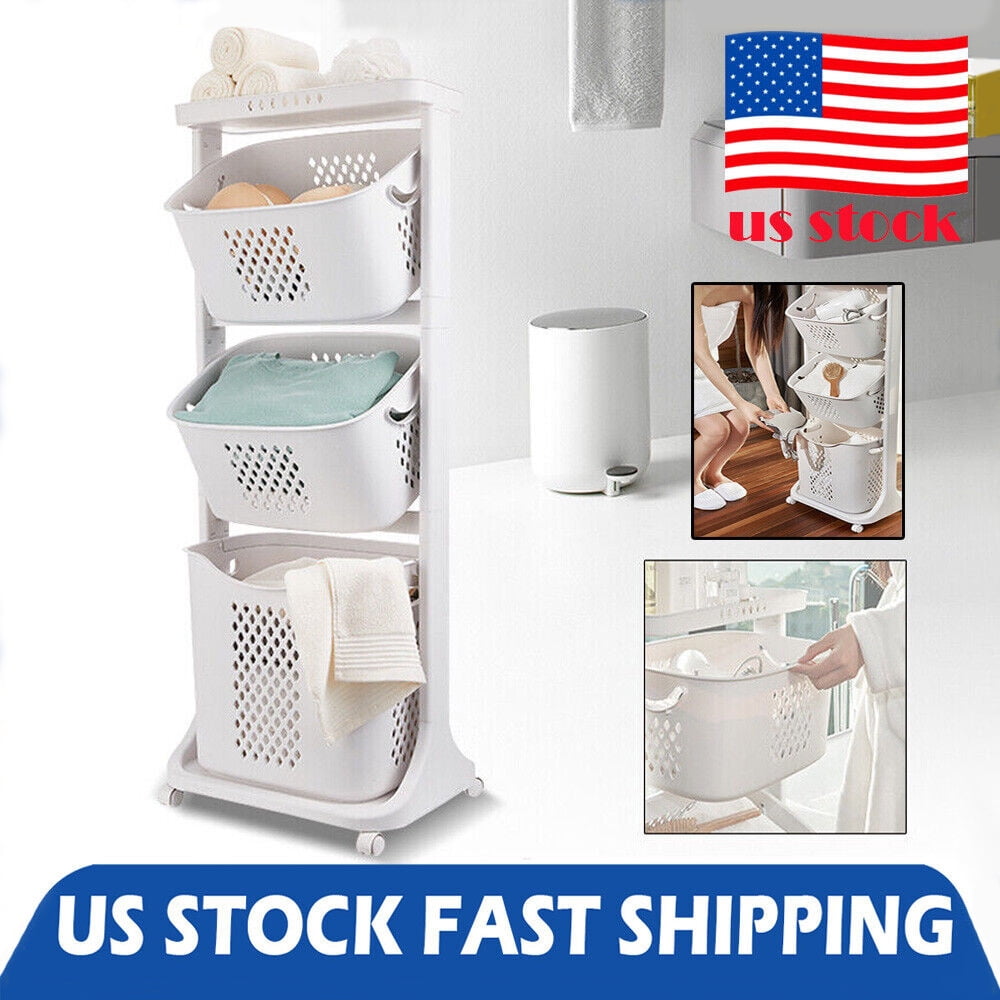 3 Tier Laundry Hamper Basket Sorter Clothes Storage popular Organizer Shelf Rolling Cart