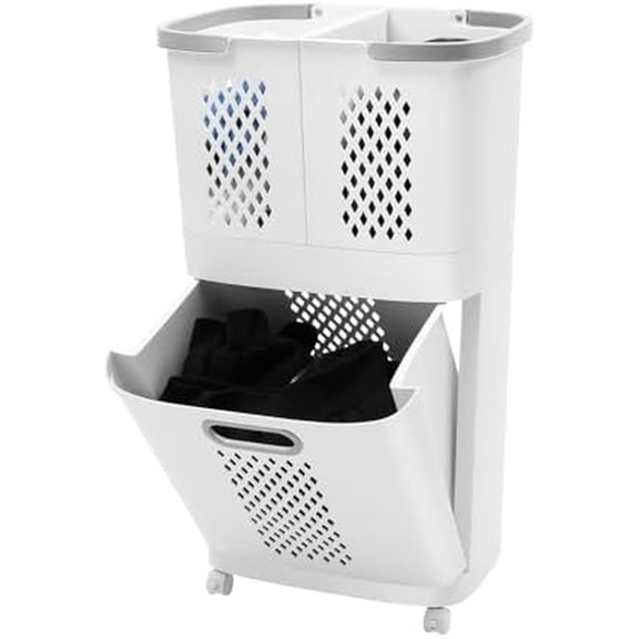 3 Tier Laundry Hamper Basket Sorter, Floor-Standing 360 Rolling Large Laundry Basket, Stackable Storage Bins Open Front, Dirty Clothes Hamper, Plastic Laundry Room Organization