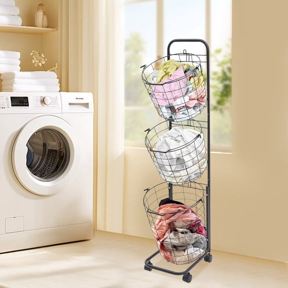 3-Tier Laundry Hamper Organizer Iron Wire Rolling Cart with Removable Baskets