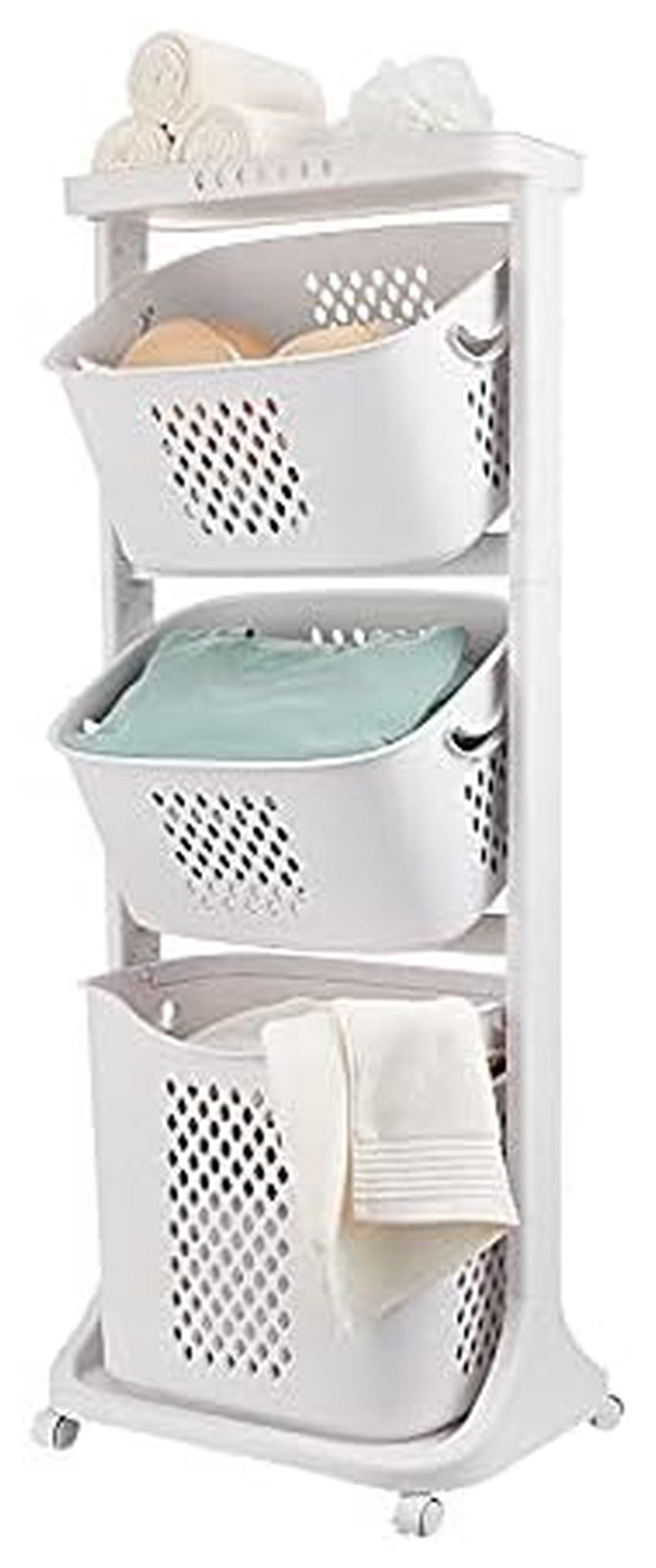 3 Tier Laundry Hamper, Rolling Laundry Sorter Basket 43.3'', Clothes Storage Organizer for Bathroom, Bedroom, 17.3x24x43.3 inches, PP Material