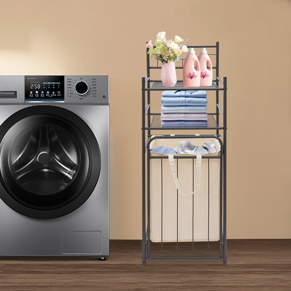 3 Tier Laundry Hamper with Shelf Freestanding Laundry Basket Rack Storage Organizer, Heavy Duty Iron Frame with Removable Oxford Fabric Bin, Tilt-Out Large Opening
