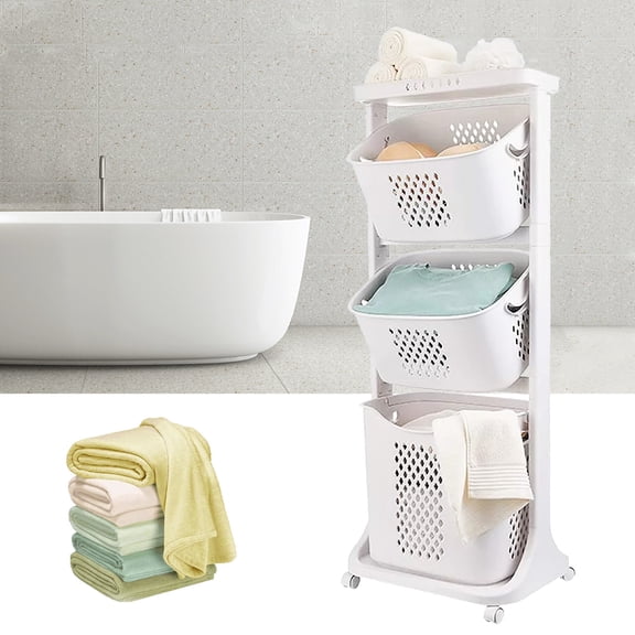 3-Tier Laundry Hamper Sorter, Laundry Storage Organizer with Wheels Movable Rolling Laundry Baskets, Bathroom Cart Clothes Shelf, Kitchen Fruit Stand, 17"x13"x43"