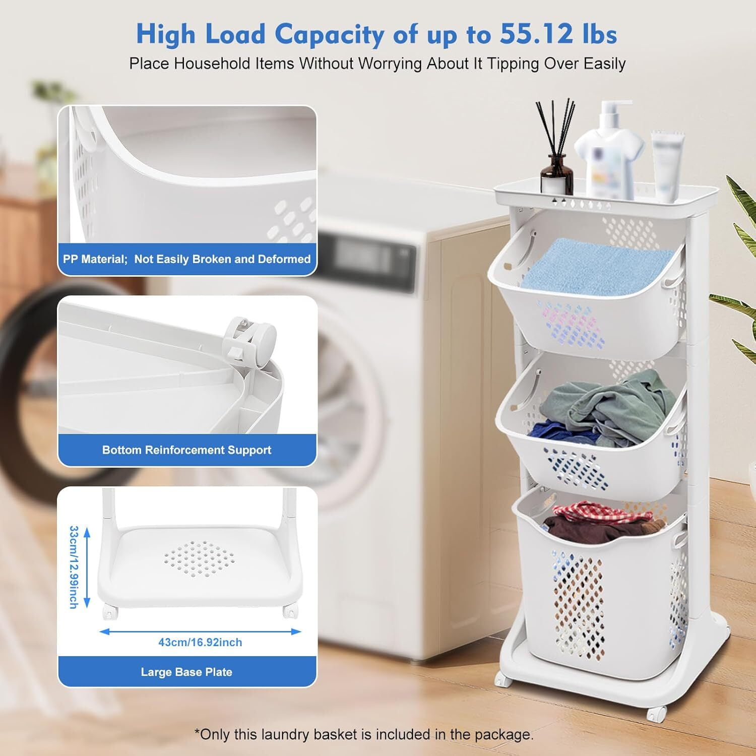 3-Tier Laundry Hamper Sorter,Laundry Storage Organizer with Wheels ...