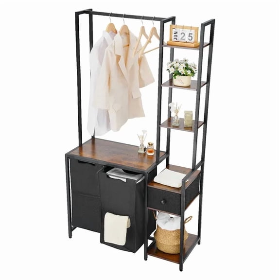 3 Tier Laundry Sorter with Rack Tall Hamper Shelves Drawers 2 Section Freestanding Hanging Storage 600D Oxford Cloth Bags Ladder Shelves for Dirty Clothes