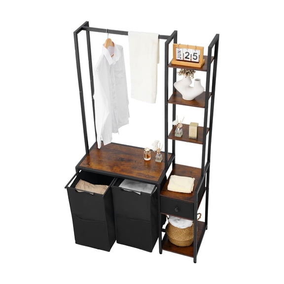 3 Tier Laundry Sorter with Rack, Tall Hamper with Shelves - 2 Section, 600D Oxford Cloth Bags, Hanging Rack for Dirty Clothes, Black