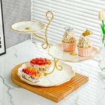 3-Tier Leaf Design Fruit Tray | Large Capacity Snack & Dessert Serving Platter with Handle | Plastic Storage Tray for Living Room & Parties | Beige, 40X32X26Cm