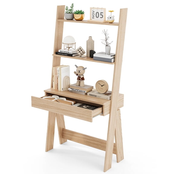 3-Tier Leaning Ladder Desk With Drawer, Natural Wood Finish Bookshelf For