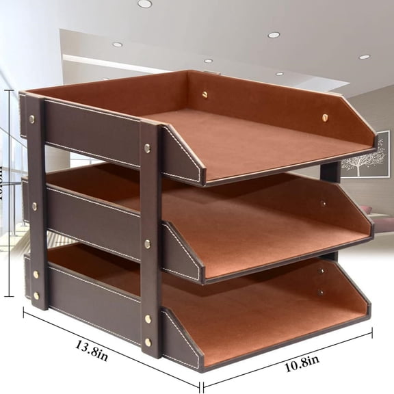 3 Tier Leather Desk File Rack for Office Supplies/Stationery/Folder,Stackable Letter Tray Organizer,Document Filing Organizer Holder for Desktop Storage