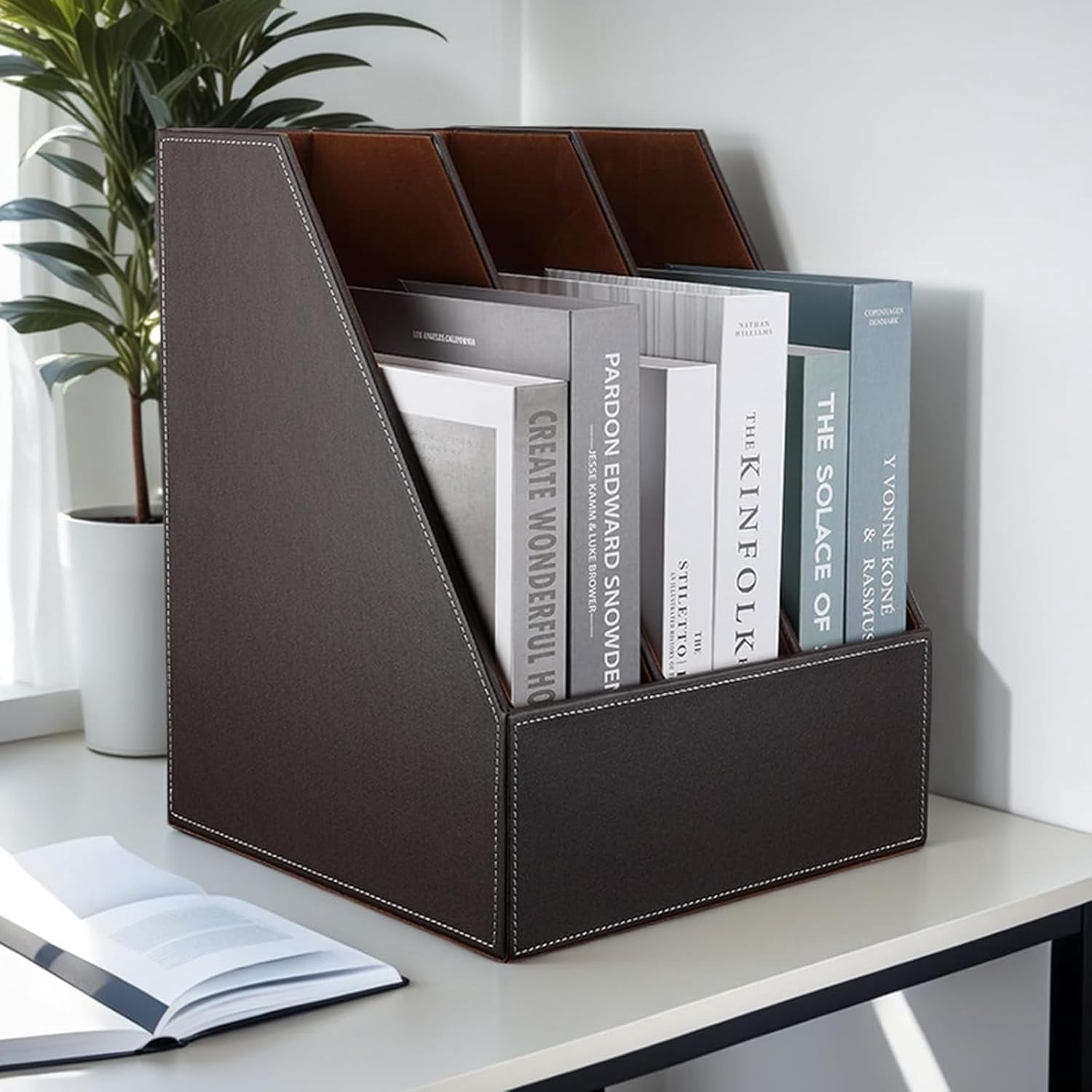 3 Tier Leather Magazine Holder - Vertical File Organizer with PU Leather Cover, Handmade Office Desk Organizer for A4/A3 Documents, Magazines, Books - Coffee (3 slot)