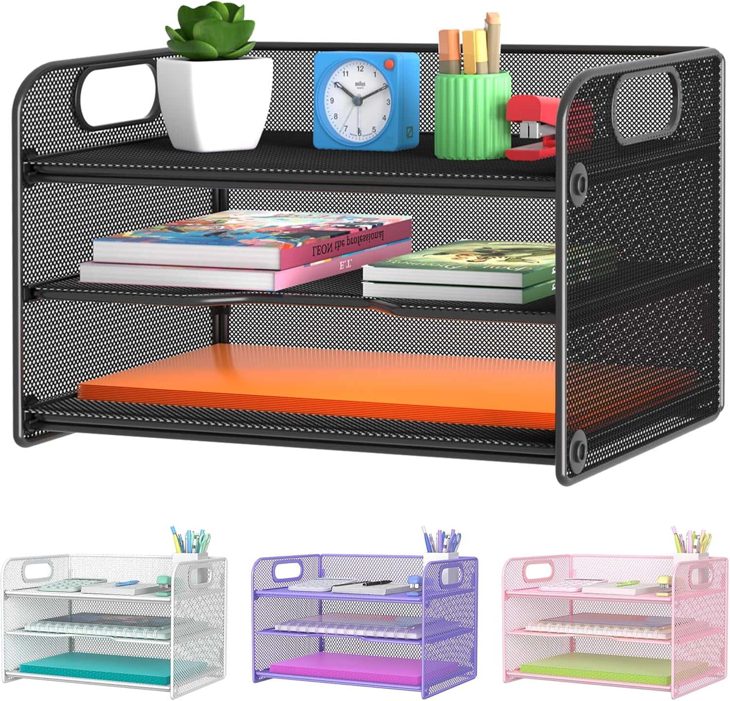 3 Tier Letter Tray Paper Organizer with Handle, Mesh Desk Organizer ...