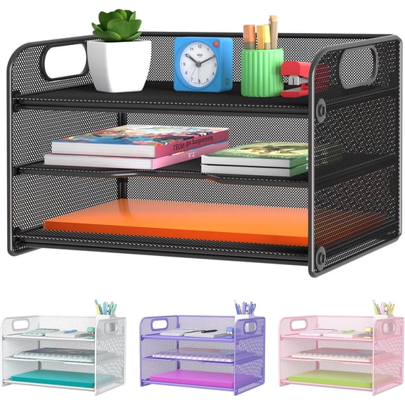3 Tier Letter Tray Paper Organizer with Handle, Mesh Desk Organizer Paper Sorter File Rack Shelves, Black