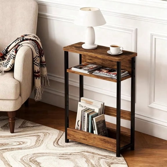 3-Tier Light Brown Slim Side Table with Magazine Holder, Narrow End Table for Small Spaces, Modern Rustic Storage Shelf for Living Room Bedroom Couch