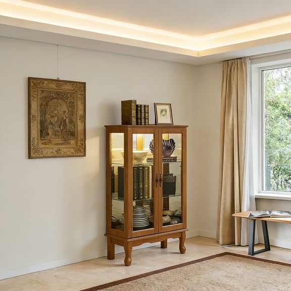 3-Tier Lighted Curio Display Cabinet with Adjustable Shelves and Mirrored Back Panel, Tempered Glass Doors, Freestanding Showcase for Collectibles, (Bulbs Not Included)