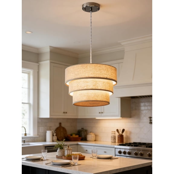 3-Tier Linen Drum Chandelier, Modern Ceiling Pendant Lights Fixture E26, Round Adjustable Suspension Hanging Lamp for Dining Room, Fabric Lampshade Chandelier for Kitchen Island, Living room, etc.