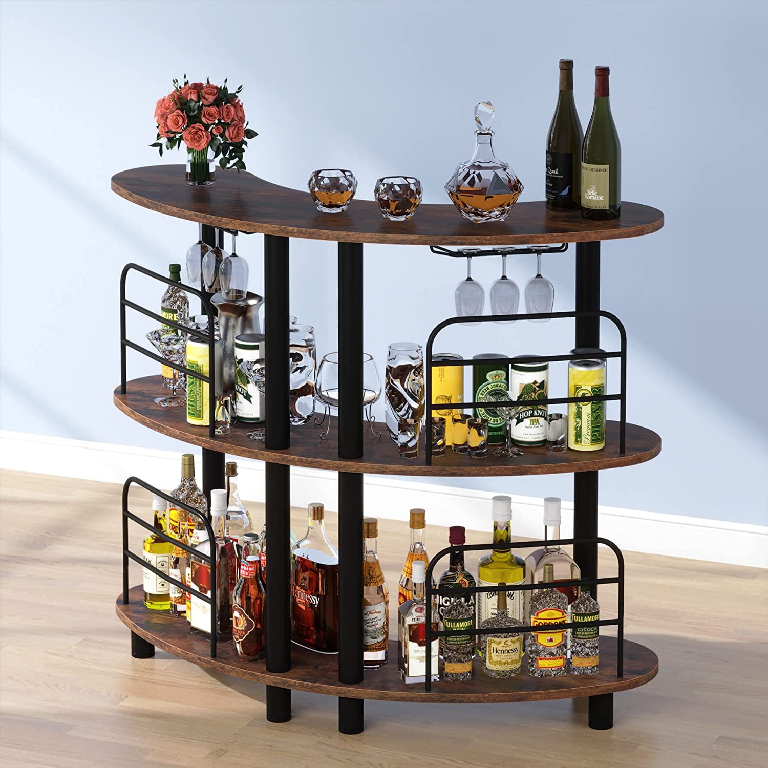 3 Tier Liquor Bar Unit Wine Bar Cabinet with Storage Shelves Bar Organizer Table with Wine Glass Holder for Home Kitchen Bar Pub Rustic Brown