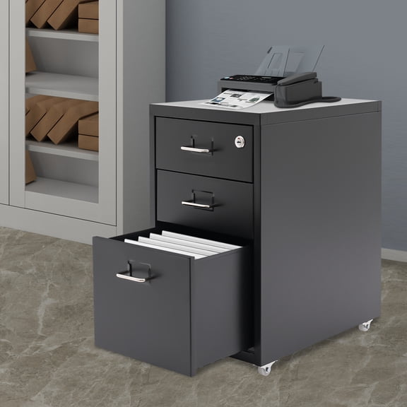 Vertical File Cabinet 3-Drawer Lockable Black Cold-Rolled Steel 18.3in Tall