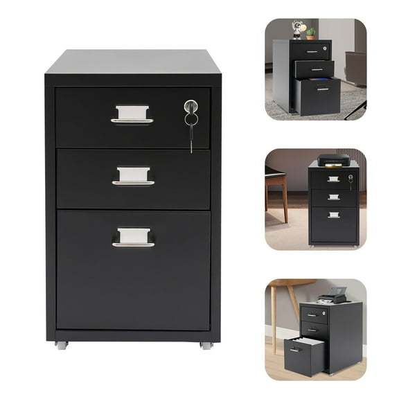 Modern Rectangular Black Home Office Lockable Vertical File Cabinet Metal Mobile File Cabinet Under Desk