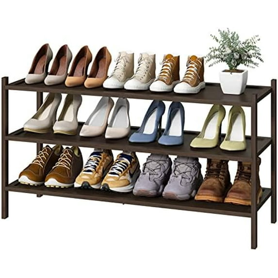 3 Tier Long Shoe Rack Bamboo Wood Shoe Rack for Entryway Stackable