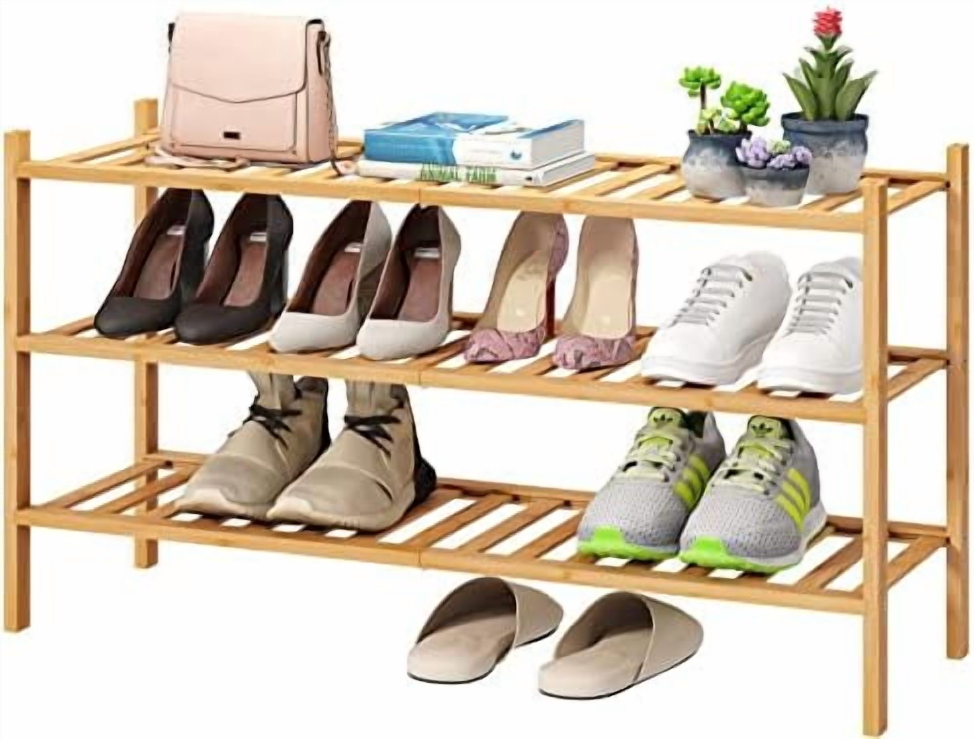 3-Tier Long Shoe Rack, Bamboo Wood Shoe Rack for Closet, Entryway ...
