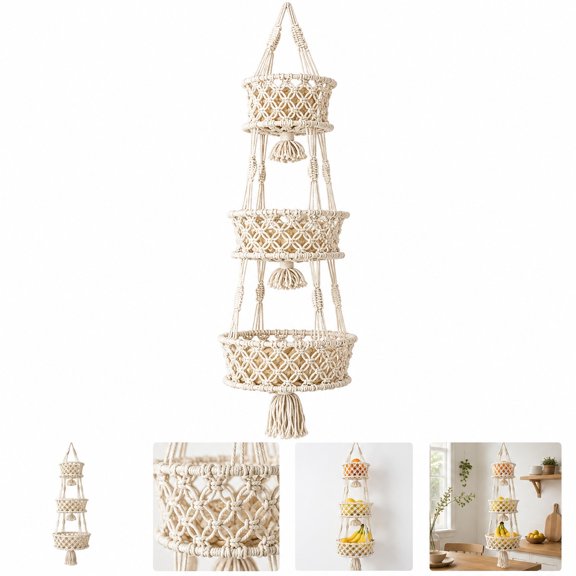 3-Tier Macrame Hanging Fruit Basket, Handwoven Cotton Rope Produce Holder with Tassel, Boho Hanging Storage Basket for Kitchen, Pantry, Dining Room and Home Decor