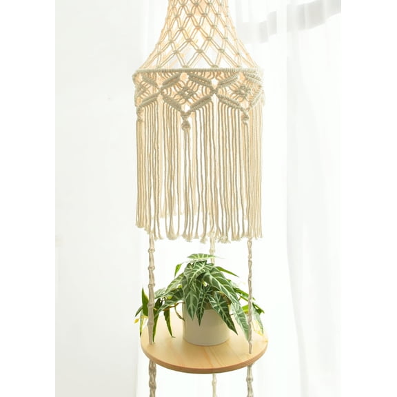 3-Tier Macrame Hanging Lamp Shelf, Boho Woven Corner Pendant Light Shade Plant Shelves with Plug Cord, Bohemian Hanging Bedside Ceiling Light Fixture, Farmhouse Decor for Bedroom Women Gift