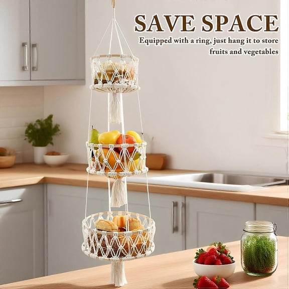 3-Tier Macrame Hanging Organizer for Fruits and Vegetables, Durable Cotton Rope Storage Solution, Boho Style Fruit Basket