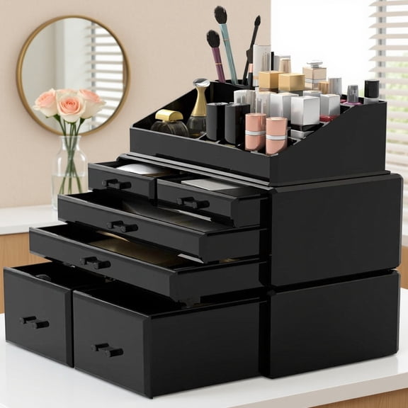 3-Tier Makeup Organizer Set with Multiple Drawers and Compartments, Portable Cosmetic Storage Cases for Countertop or Travel, Black Finish