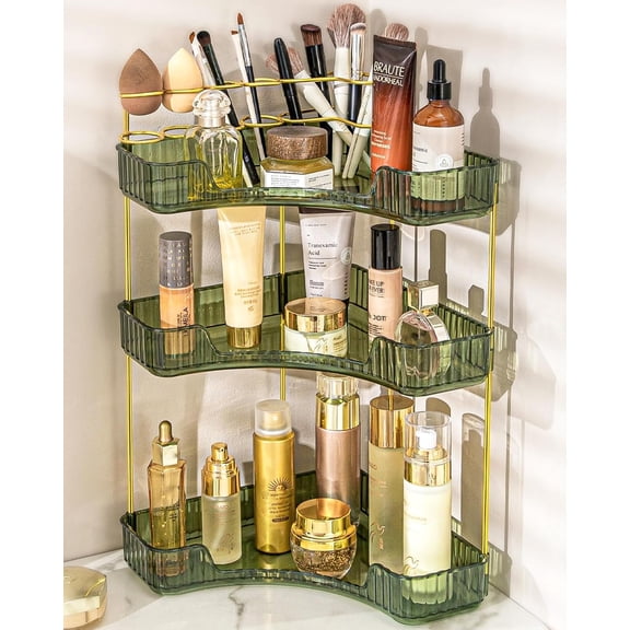 3-Tier Makeup Organizer with Makeup Brush Holder, for Corner Bathroom Organizer Countertop Bathroom Dresser- Green