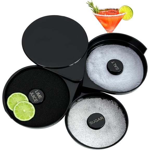 3 Tier Margarita Salt Rimmer Set Cocktail Glass Bartender Tool | Rotating Salt Box 3 Compartments, Includes Washable Sponge, for Lime Juice Salt and Sugar, for Margarita and Cocktails