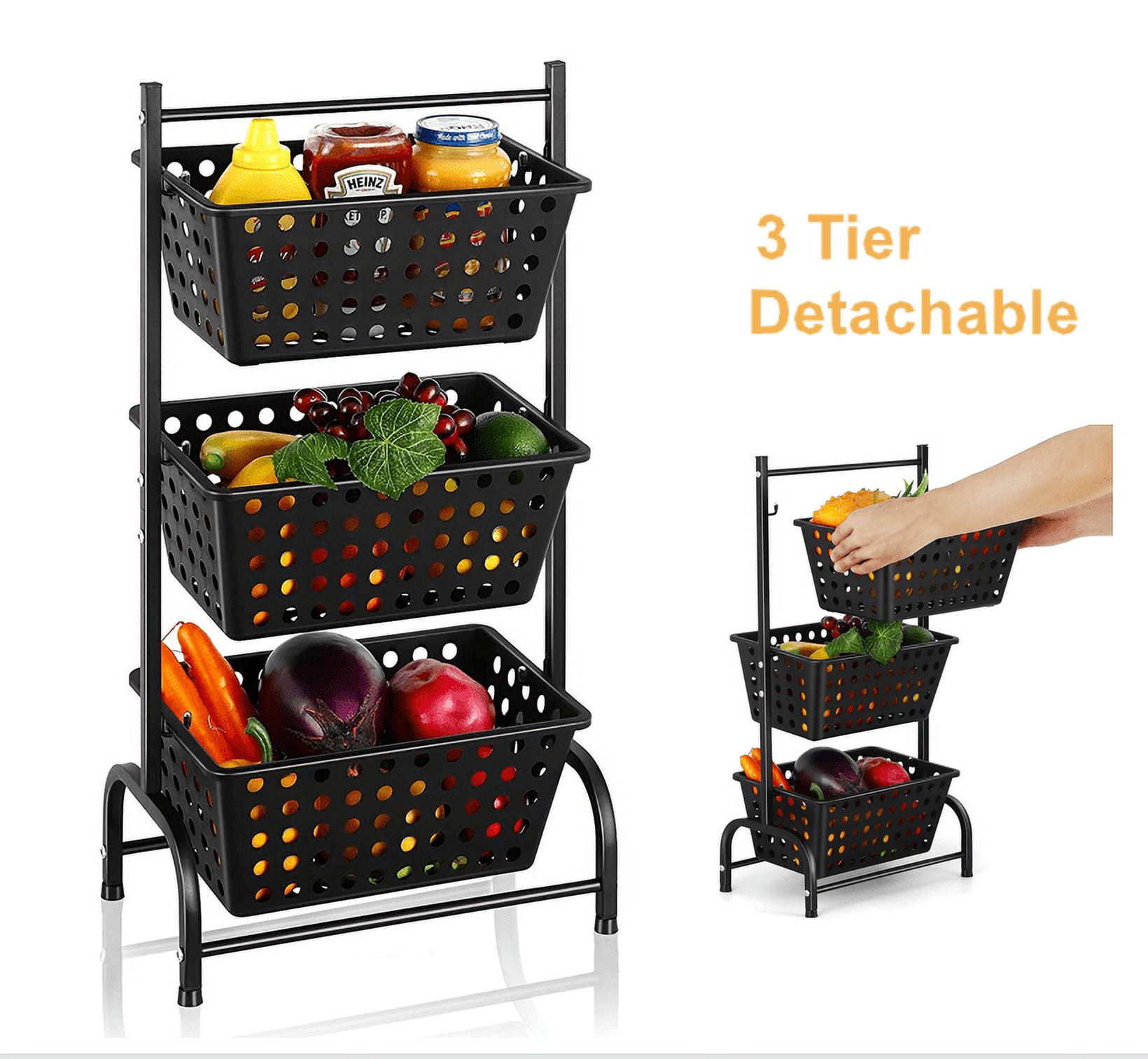 3Tier Metal Kitchen Produce Floor Market Basket Storage Stand for Fruit, Vegetables