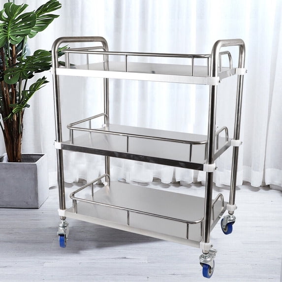 3-Tier Medical Dental Lab Trolley Stainless Steel Mobile Rolling Serving Cart without drawer