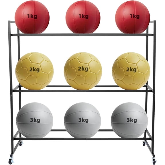 3-Tier Medicine Ball Rack, Mental Ball Rack with Wheels, Bowling Ball Racks for Home, Gym, 20 lbs Load Capacity for Each Tier, 45.7x15.7x42in