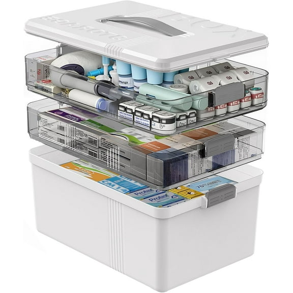3 Tier Medicine Cabinet Organizer Large Capacity Medicine Organizer, Portable Medicine Box with Handle, Multipurpose Medical Box with Removable Tray, First Aid Boxes Empty, White