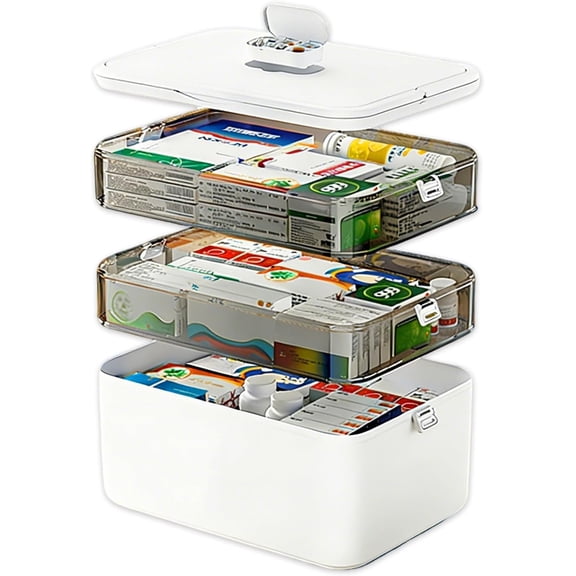 3-Tier Medicine Organizer & Portable Medicine Cabinet - Multifunctional Medical Case with Handle & Snap Locks, Removable 6-Compartment Pill Organizer, Storage Box for Home & Travel, with Glow Sticker
