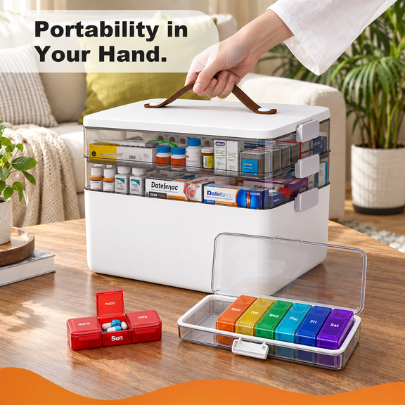 LFBEAR 3-Tier Medicine Organizer with 7-Day Pill Organizer, Portable Medication Storage Box, White