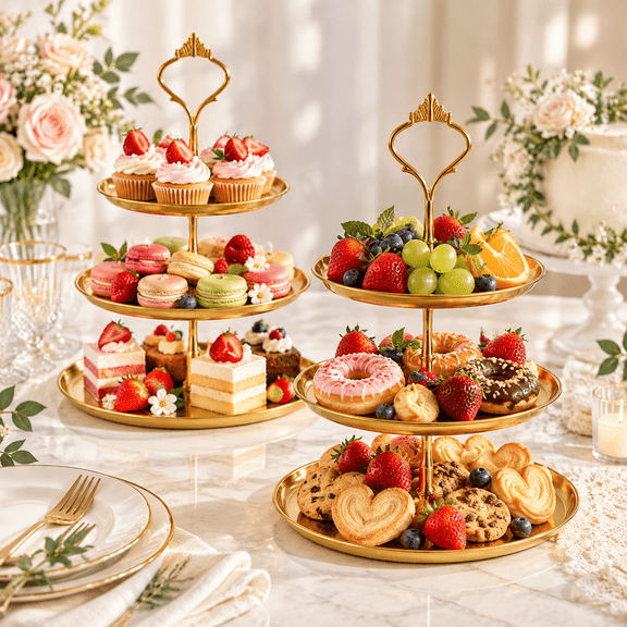2 Pack Gold 3 Tier Dessert Stand, Elegant Stainless Steel Cupcake Tower for Wedding, Birthday Party, Baby Shower, Cakes, Fruits and Snack Display