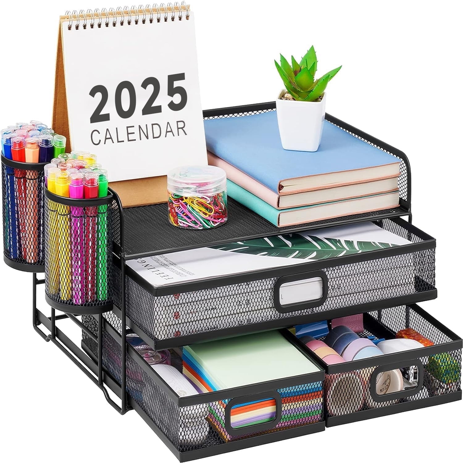 Marbrasse 3 Tier Mesh Desk Organizer with Drawer, Multi-Functional Desk Organizers and Accessories, Paper Letter Organizer with 2 Pen Holder for Home Office Supplies