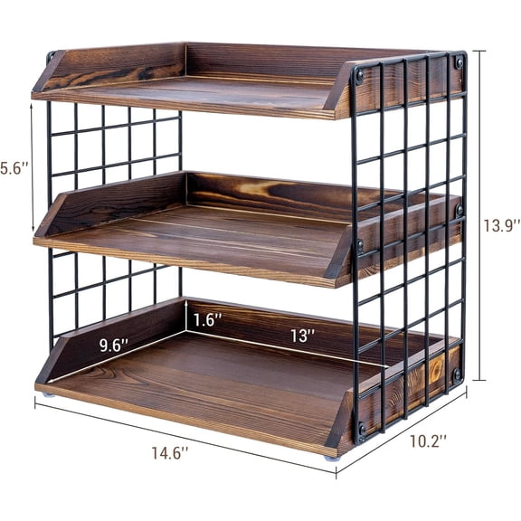 3-Tier Mesh Letter Tray, Industrial Matte Black Metal Wire & Dark Burnt Wood Desk Paper Organizer Rack, File Folder Holder for Office or Home