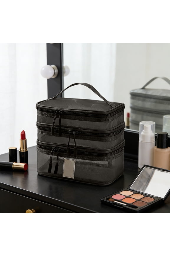 3 Tier Mesh Makeup Bag,8.66x6.3x5.51" Toiletry Bag For Holiday Business Trip,Clear View Sundry Storage Bag with Handle,Portable Holiday Gifts Toiletry Bags Set for Men And Women