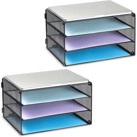 3 Tier Mesh Metal Letter Tray Desk Organizer with Sliding Trays for Letter, A4 Paper, Mail, Bills & Folders, 2 Pack, Black