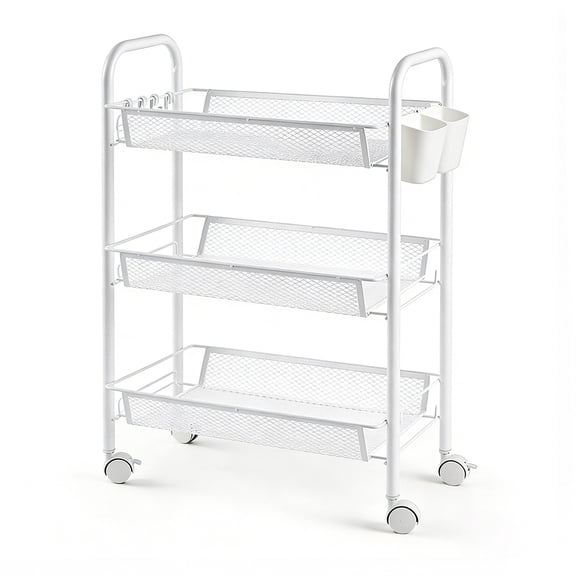 3 Tier Mesh Utility Cart, Rolling Metal Organization Cart with Handle and Lockable Wheels, 2 Hanging Cups and 4 Hooks, Rolling Cart with Lockable Wheels for Kitchen, Bathroom, Office, White