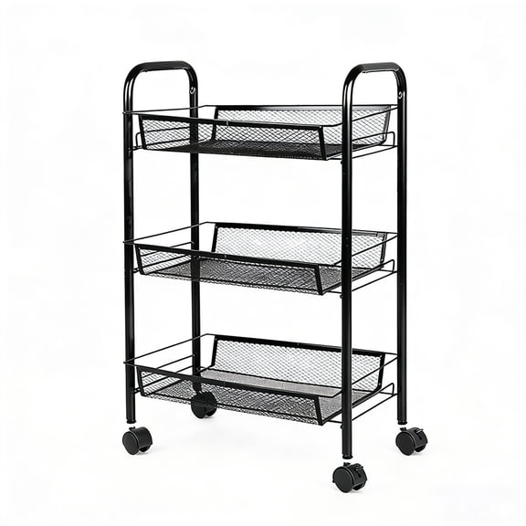 3 Tier Mesh Utility Cart, Rolling Metal Organization Cart with Handle and Lockable Wheels, 2 Hanging Cups and 4 Hooks, Rolling Cart with Lockable Wheels for Kitchen, Bathroom, Office, Black