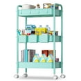 thumbnail image 1 of 3 Tier Mesh Utility Cart, Rolling Metal Organization Cart with Handle and Lockable Wheels, 3 Hanging Cups and 4 Hooks, Mobile Trolley Cart for Kitchen, Bathroom, Office, Workshop, Green, 1 of 8