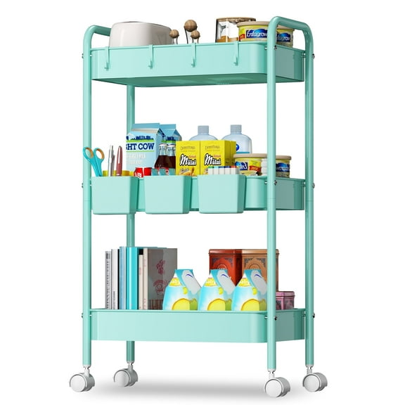 3 Tier Mesh Utility Cart, Rolling Metal Organization Cart with Handle and Lockable Wheels, 3 Hanging Cups and 4 Hooks, Mobile Trolley Cart for Kitchen, Bathroom, Office, Workshop, Green