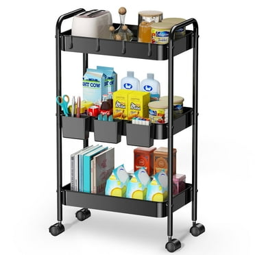 3 Tier Mesh Utility Cart, Rolling Metal Organization Cart with Handle and Lockable Wheels, 3 Hanging Cups and 4 Hooks, Mobile Trolley Cart for Kitchen, Bathroom, Office, Workshop, Black