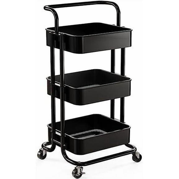 3 Tier Mesh Utility Cart, Rolling Metal Organization Cart with Handle and Lockable Wheels, Multifunctional Storage Shelves for Kitchen Living Room Office Black